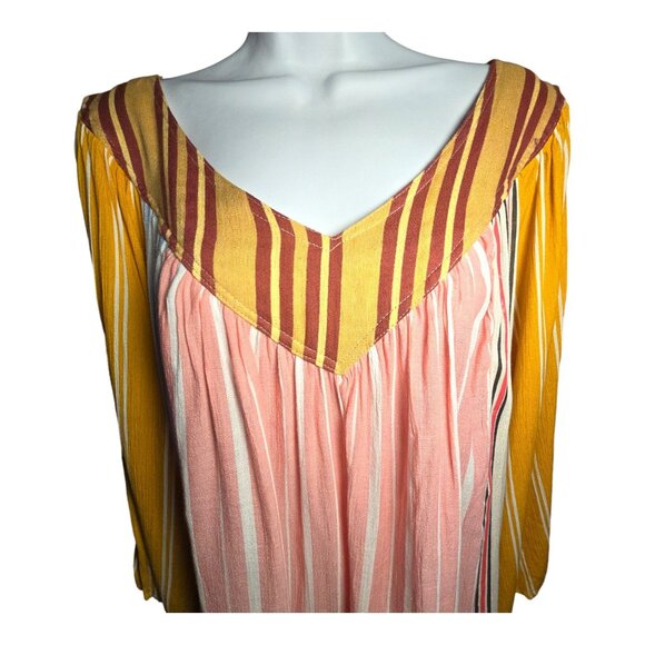 Sacred Threads Boho Peasant Striped 3/4 Sleeve V Neck Tunic Blouse Top L/XL - Picture 2 of 10